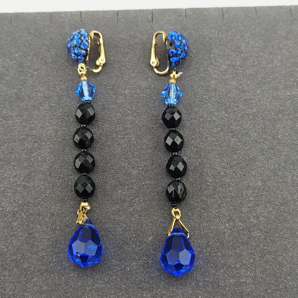 Blue Multi Long Beaded Sparkle Dangle Drop Earrings Clip On Non Pierced Ears
